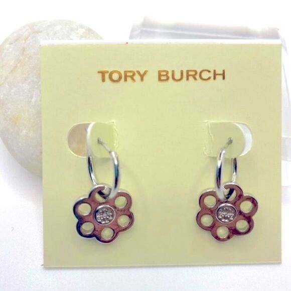 NWT Tory Burch Silver Logo Flower Hoop Drop Earings, Comes With Dust Bag - Picture 1 of 4